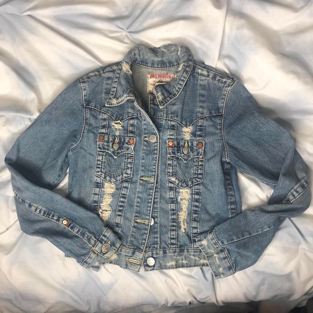 True religion| Denim jacket | light wash| distressed|Buddha